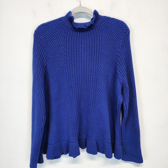 Roamans Gold Button Cardigan Size L 18/20 Ruffle Hem Neck Nautical Coastal Blue - Picture 3 of 11